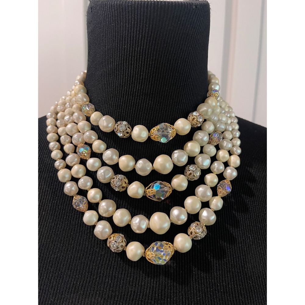 Unbranded Necklace Womens Cream Multi Strand Faux Pearl AB Crystal Rhinestone